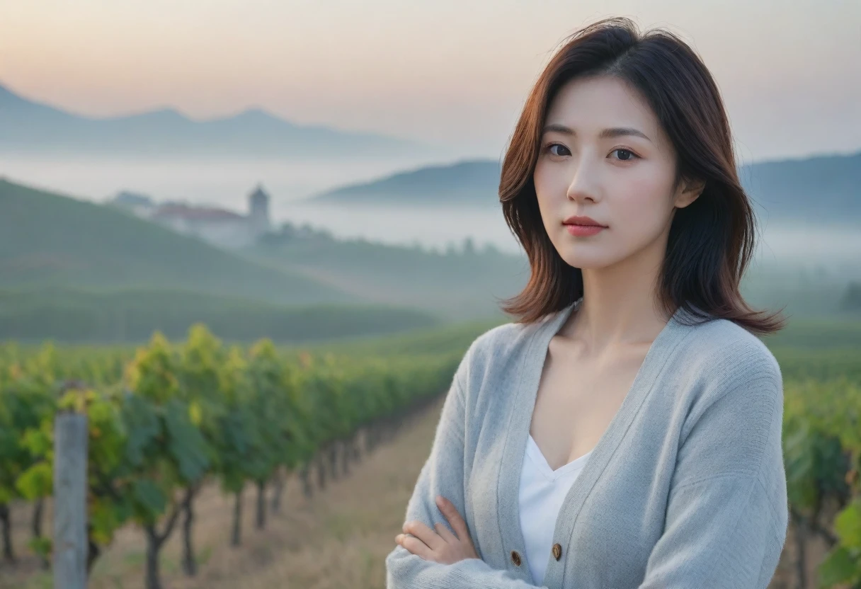 8k best picture quality, Beautiful 36-year-old Korean woman, short and nice weather. Chest size 34 inches, Dense fog at dawn in the Italian countryside, past the vineyard, A cathedral can be seen in the village in the distance in the fog..., The back background is realistic and vivid quality., Short and medium hair blowing in the wind, Wear luxury brand travel clothes, wearing a cardigan., a faint smile. the background is clear, Short and slim Korean woman, stand far away, Photo taken with a wide-angle lens
