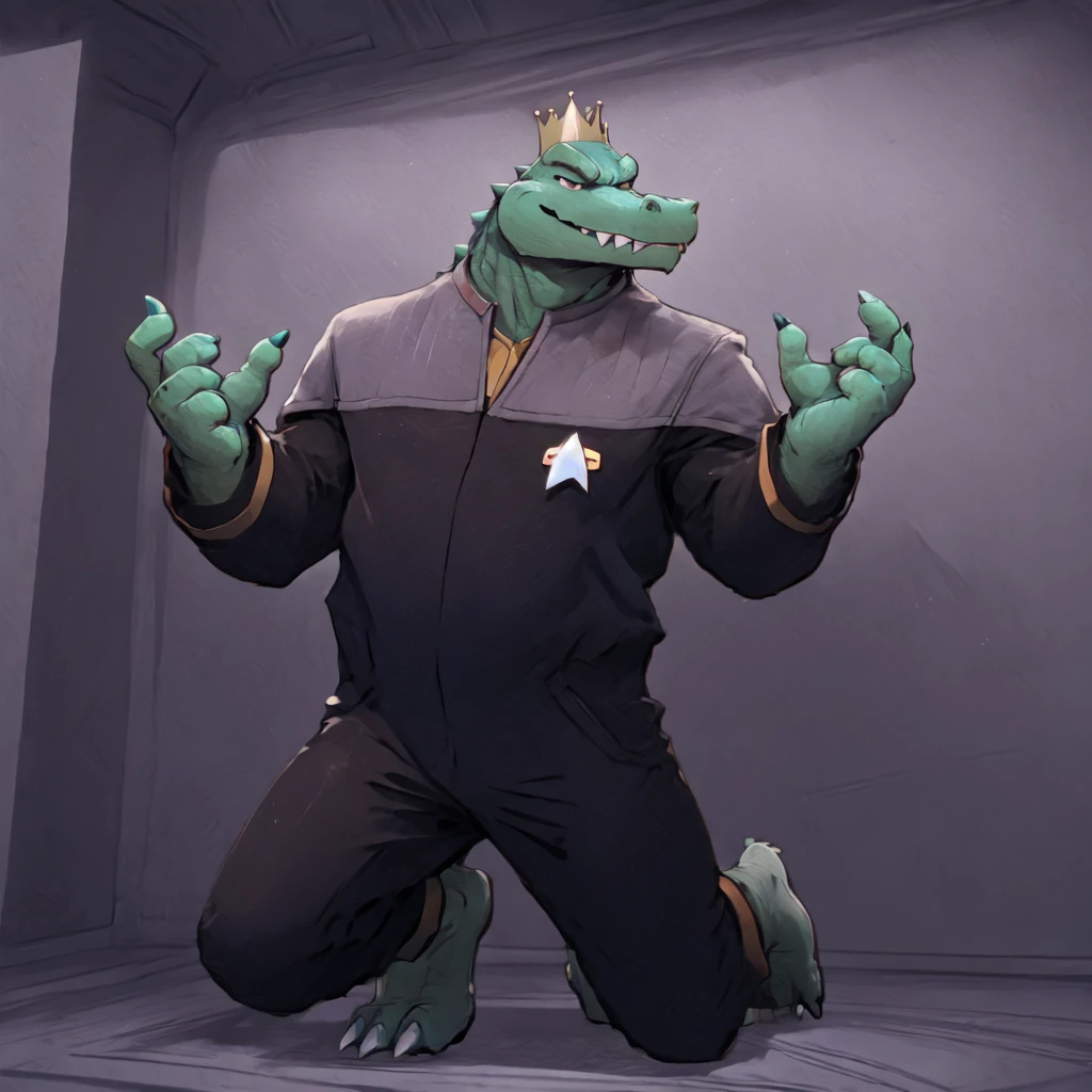 (((Barefoot scaley character, full body, cinematic setting, furry male, plantigrade))) 
Doctor (((kingkrool))), crocodile, green skin, reptile, gold bracelets, scales, bloodshot eye, fat, obese,
exudes confidence and authority, wears star trek DS9 doctor teal uniform, ((ds9st, black and grey star trek uniform, grey shoulders, teal neck, black jumpsuit, black pants)) dynamic pose, holding medical tricorder
((starship interior with many screens and consoles)), futuristic look, metalic, bright colors
BREAK, intricate details, highly detailed, extreme detail, octane render, fine art, best quality, highres, (detailed face:1.5), ((full_body)), UHD, (((perfect hands))), ((low light:1.5))