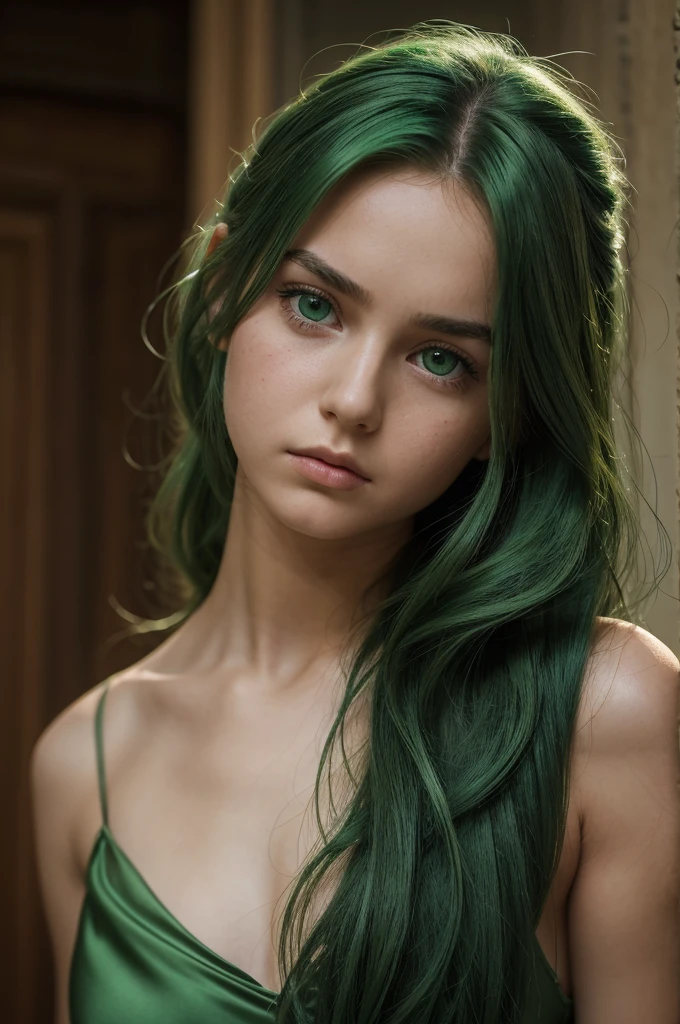 A young girl, Europe, Extremely detailed face, plump face, Oval face, green hair, green eyes, Long hair, two-strap silk dress, collarbones, exposing shoulders, sad mood, battle front, pose facing the viewer