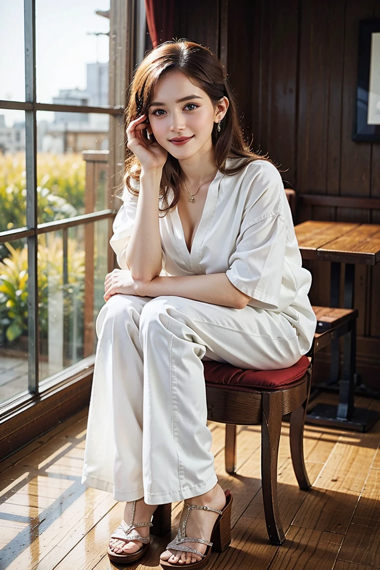 (Preserve face images), pale face:1.3、Super thin face:1.3, (very big eyes:1.5)、 (blown eyes:1.5), master piece、8K, {highest quality}, {{masterpiece}}, {very delicate and beautiful}, outstanding light and shadow, highly detailed wallpaper, clear and bright sunlight, (((Full body))), 1 girl, blush、(薄い茶colorの髪), strong sunlight, ((a strong light shines on your face)), color々A pose:1.5, necklace、ring、earrings、BREAK White floral lace blouse,white denim skinny pants,beige suede wedge sandals,
BREAK White and green-based fresh and feminine space,white lace curtains swaying in the breeze,(Toothless smile:1,5), Drinking coffee in a cafe in Shibuya