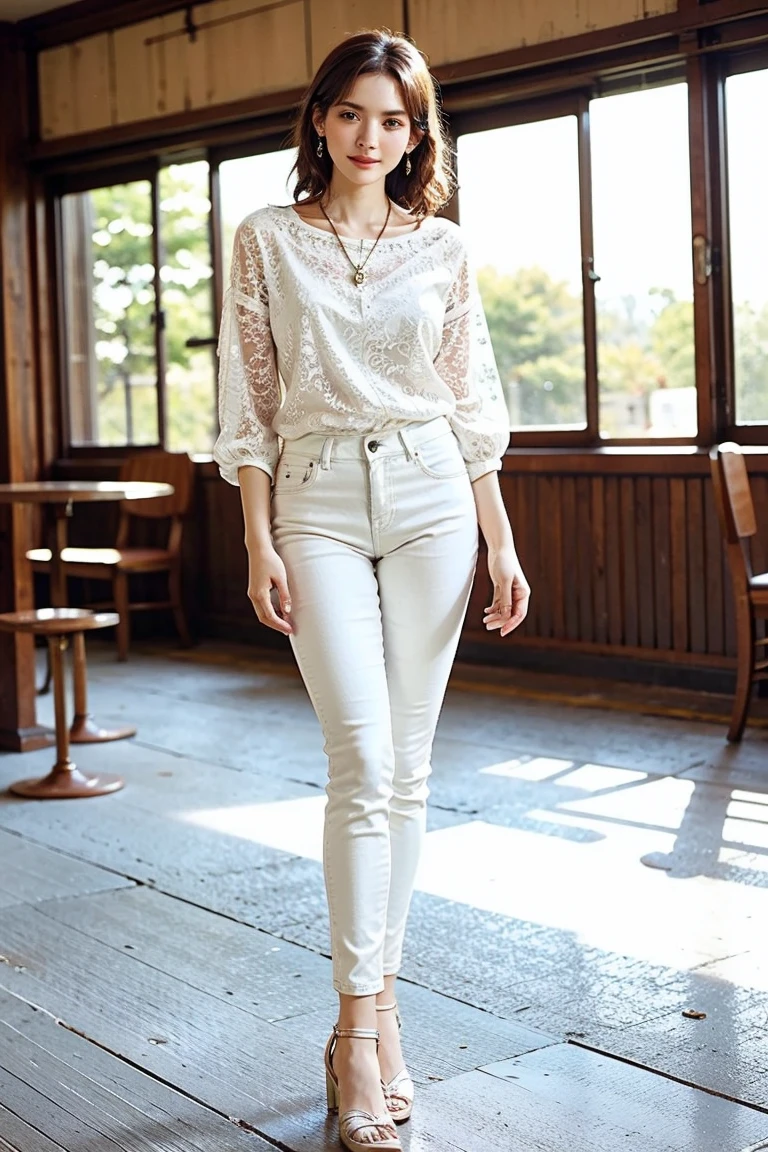 (Preserve face images), pale face:1.3、Super thin face:1.3, (very big eyes:1.5)、 (blown eyes:1.5), master piece、8K, {highest quality}, {{masterpiece}}, {very delicate and beautiful}, outstanding light and shadow, highly detailed wallpaper, clear and bright sunlight, (((Full body))), 1 girl, blush、(薄い茶colorの髪), strong sunlight, ((a strong light shines on your face)), color々A pose:1.5, necklace、ring、earrings、BREAK White floral lace blouse,white denim skinny pants,beige suede wedge sandals,
BREAK White and green-based fresh and feminine space,white lace curtains swaying in the breeze,(Toothless smile:1,5), Drinking coffee in a cafe in Shibuya