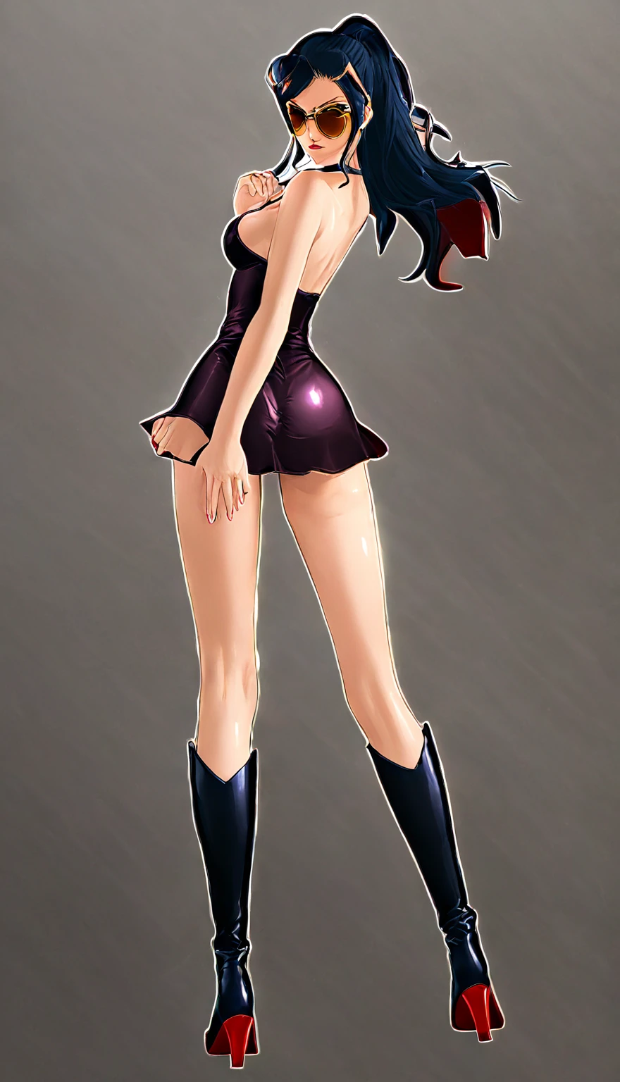 1girl, solo, boots, eyewear on head, black hair, dress, high heels, sunglasses, short dress, long hair, looking back, breasts, ponytail, nico robin, legs，medium_breasts，sideboob