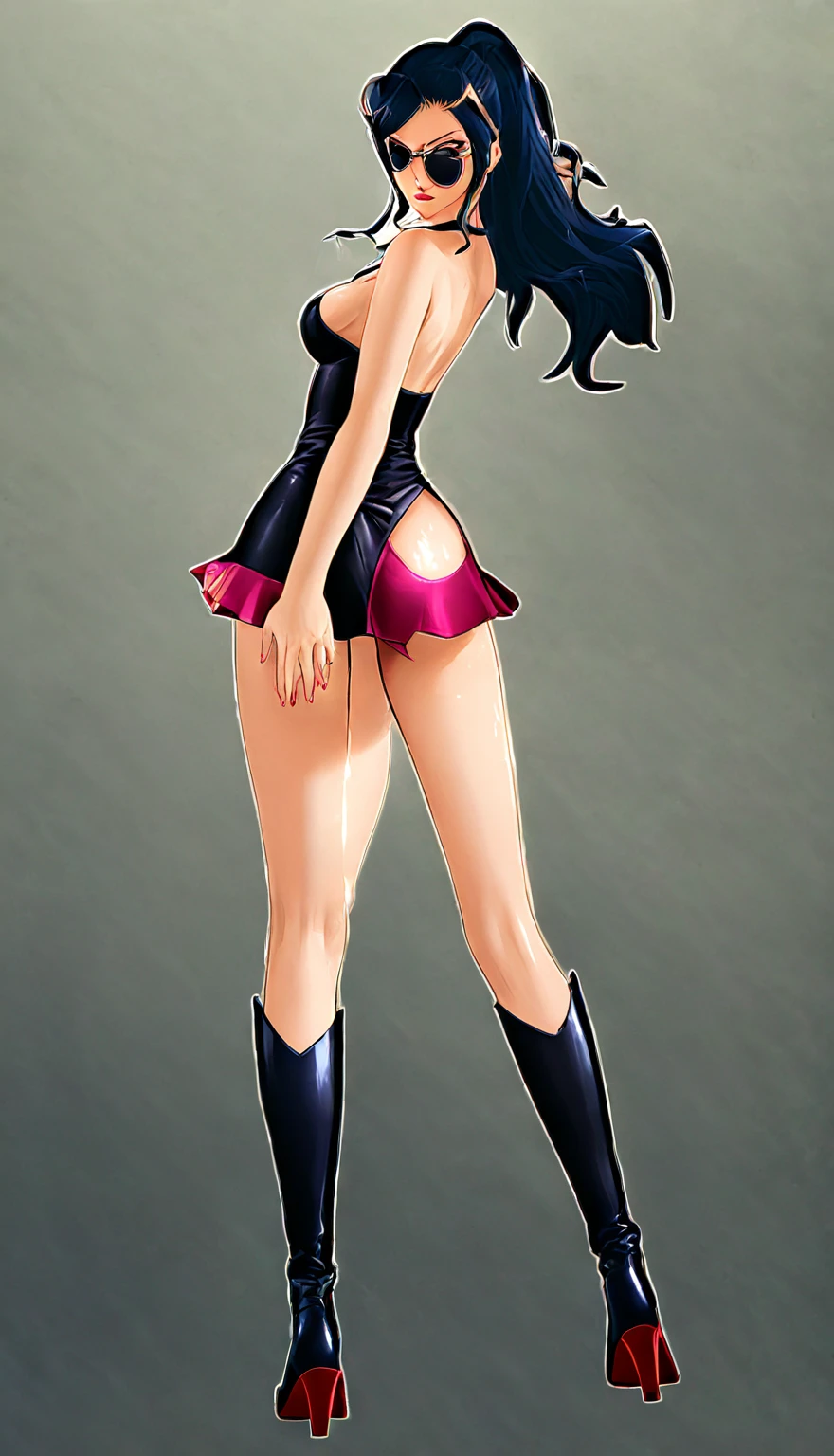 1girl, solo, boots, eyewear on head, black hair, dress, high heels, sunglasses, short dress, long hair, looking back, breasts, ponytail, nico robin, legs,medium_breasts,sideboob