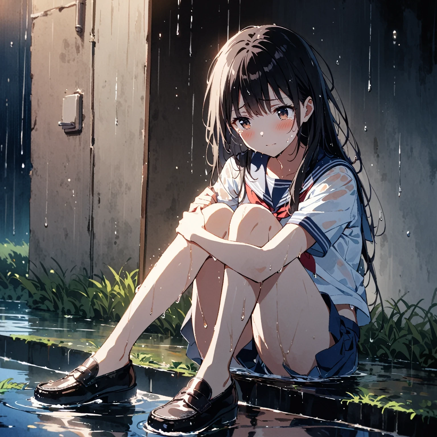 1girl、cry、Tears、heavy rain、evening、(watercolor painting:1.3)、deep faint light 、 detailed CG、high resolution