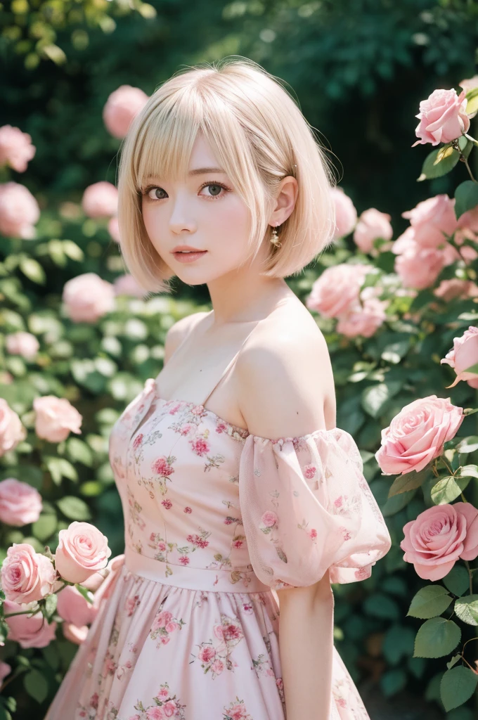 8K, RAW Photos, Fujifilm, Avril-like style photo of a beautiful young woman in a garden of pale pink roses (Highly detailed skin: 1.2) Style Petal Break Short Hair, Blonde and colored hair, Wearing a dress, Film Granulation, 35mm, Cute Style