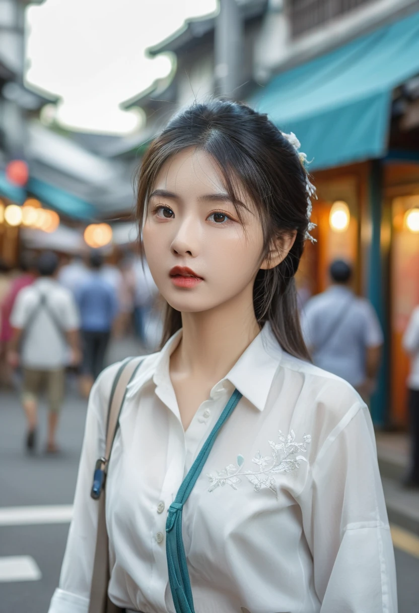 (((Practical photography))),, portrait, (Scared face:1.3),, beautiful girl, Looking at the audience, , (Uniforms:1.2), Button up your shirt and pants, , (Full cleavage:1),, in japanese street, (environment details:1.3),, (RAW photos, CG Unity, photography, ultra Practical details, Clear focus, Delicate skin,4K, high resolution, masterpiece, best quality, Practical, Energetic:1.2),, (8K,4K, Ultra HD, high resolution, professional, Movie, , dramatic),, (Anamorphic depth of field blurred background), Detailed background,