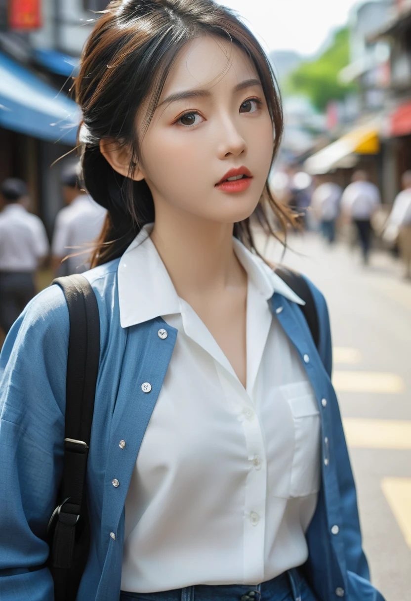 (((Practical photography))),, portrait, (Scared face:1.3),, beautiful girl, Looking at the audience, , (Uniforms:1.2), Button up your shirt and pants, , (Full cleavage:1),, in japanese street, (environment details:1.3),, (RAW photos, CG Unity, photography, ultra Practical details, Clear focus, Delicate skin,4K, high resolution, masterpiece, best quality, Practical, Energetic:1.2),, (8K,4K, Ultra HD, high resolution, professional, Movie, , dramatic),, (Anamorphic depth of field blurred background), Detailed background,