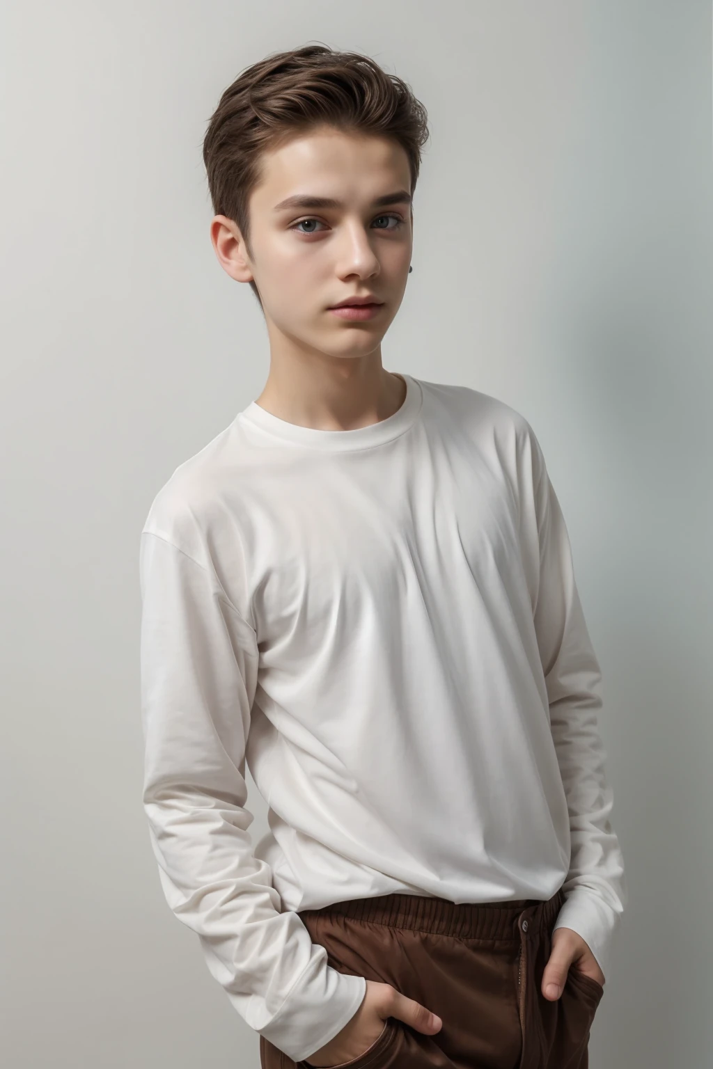 A beautiful young male twink with black hair and a white face with makeup. He is wearing a long-sleeved shirt, a tight-fitting brown shirt, aqua blue pants, and a white background.