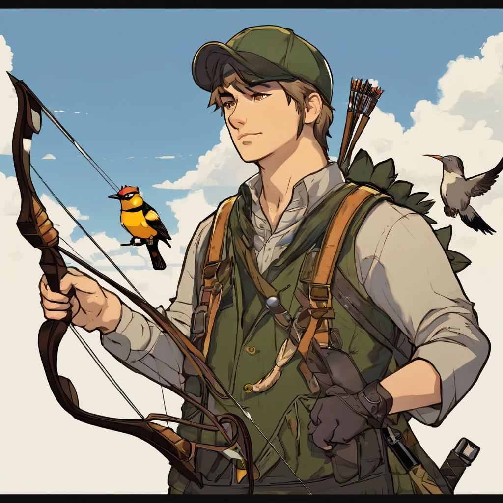 Hunter holding a bow Handsome hunter Cool With a bird 2D

