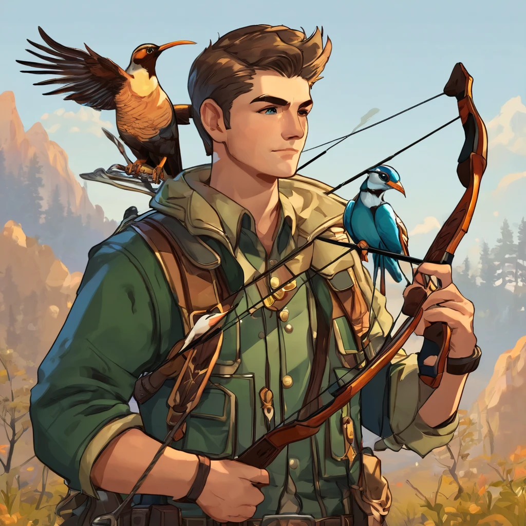Hunter holding a bow Handsome hunter Cool With a bird 2D
