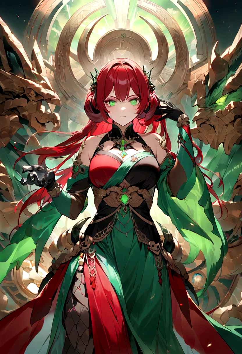 （Huang Li、high quality、Extremely detailed），Constellation - Scorpio Goddess，Huge scorpion，Woman stroking a scorpion，Similar to Latin goodness，brave，capricious，Productivity，The face of enterprising and humanitarianism，Red hair，Ancient Greek costumes、Wrap Dress，The background is the universe，Crystal green eyes（Eyes Details），Powerful appearance