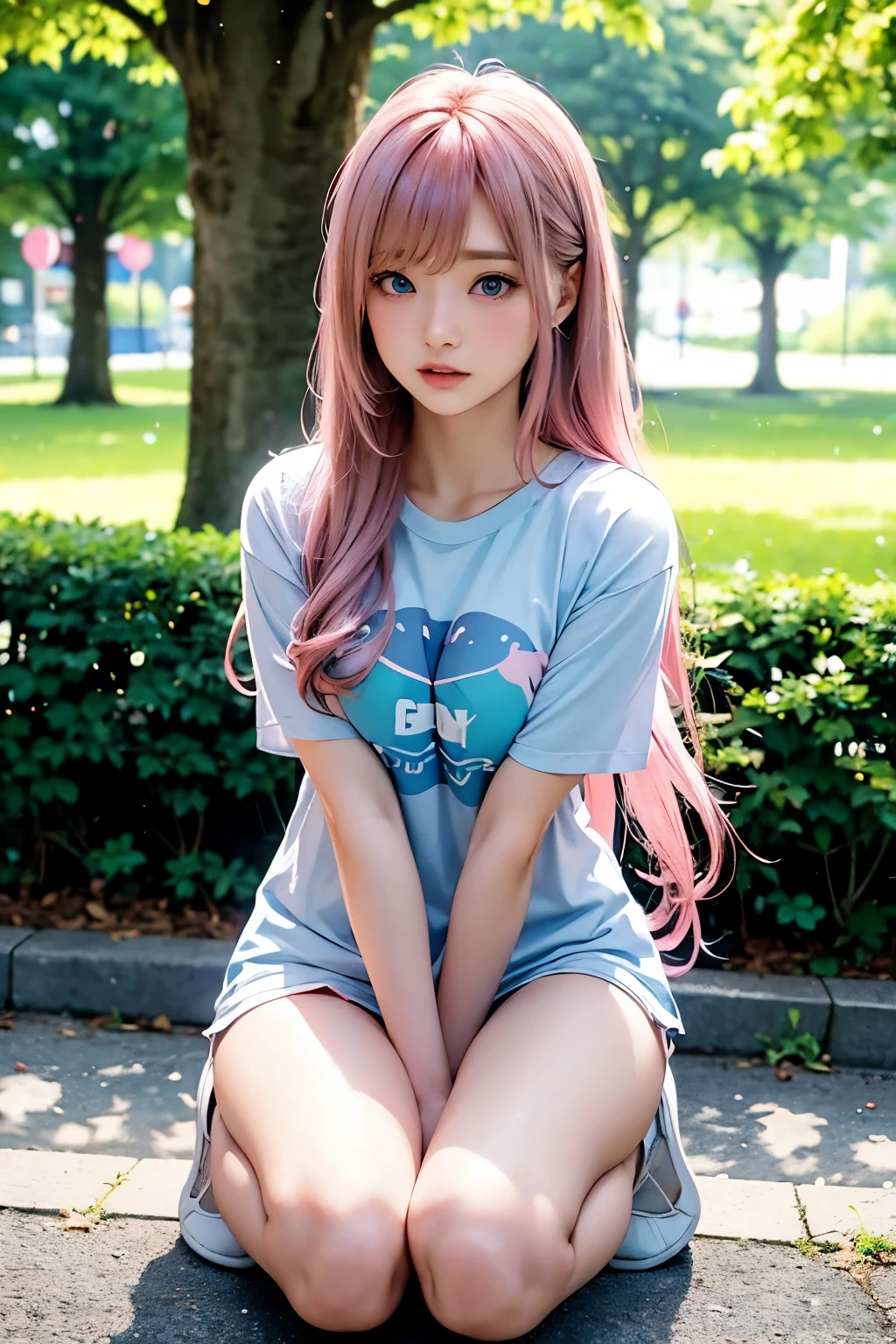 a cute girl, blue eyed, pink and long hair, breast, full body, Wearing a t-shirt, Located in a city park, by style of onii kei, dreamy and romantic, light gray and light amber, jagged edges, light teal and light red, timeless beauty, 8k