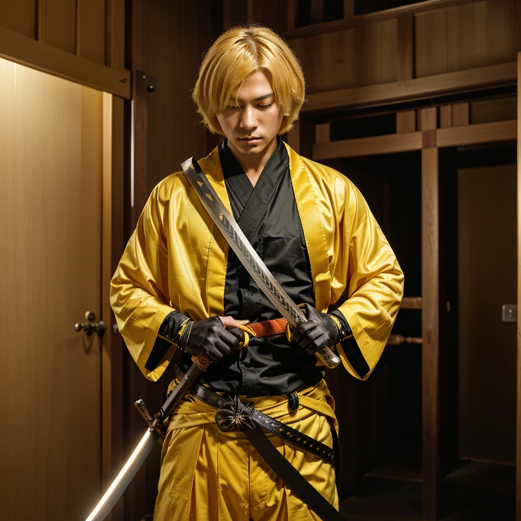 realistic 80 film anime character holding a sword, demon slayer realistic character, anime character holding a sword falling , falling into a void composed of shoji Japanese castle loop indoor structure doors, he is very focused, with half-closed eyes, devoid of emotions, wearing a orange light cloak with small white triangular decoration parts on, shade yellow,  pants black, black upper shirt Japanese, holding a luminescent katana sword with yellow edge of the katana, yellow blonde, bob haircut, eyes, Blonde eyebrows, 18 yers old. Katana positioned on the yellow velvet belt, held by the right hand gripping the handle, while the left hand holds the saya (scabbard) of the katana