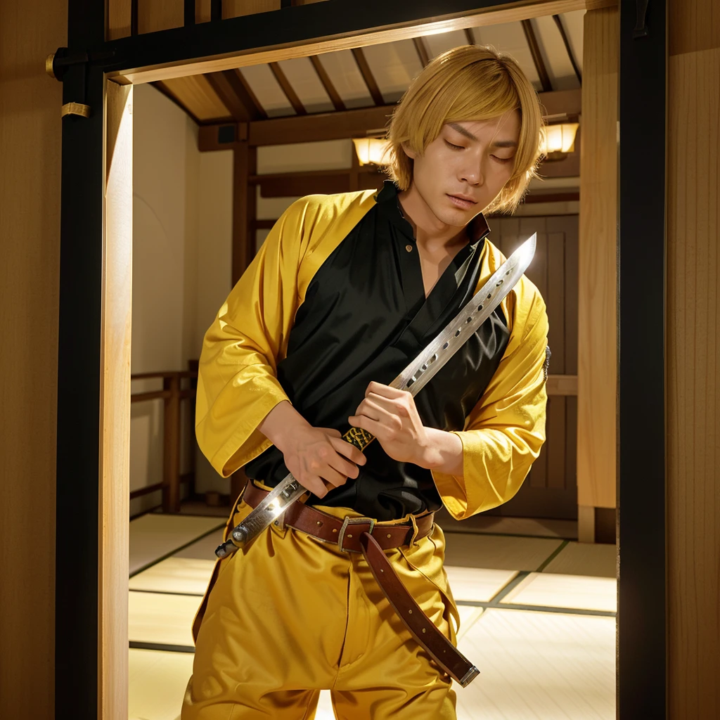 realistic 80 film anime character holding a sword, demon slayer realistic character, anime character holding a sword falling , falling into a void composed of shoji Japanese castle loop indoor structure doors, he is very focused, with half-closed eyes, devoid of emotions, wearing a orange light cloak with small white triangular decoration parts on, shade yellow,  pants black, black upper shirt Japanese, holding a luminescent katana sword with yellow edge of the katana, yellow blonde, bob haircut, eyes, Blonde eyebrows, 18 yers old. Katana positioned on the yellow velvet belt, held by the right hand gripping the handle, while the left hand holds the saya (scabbard) of the katana