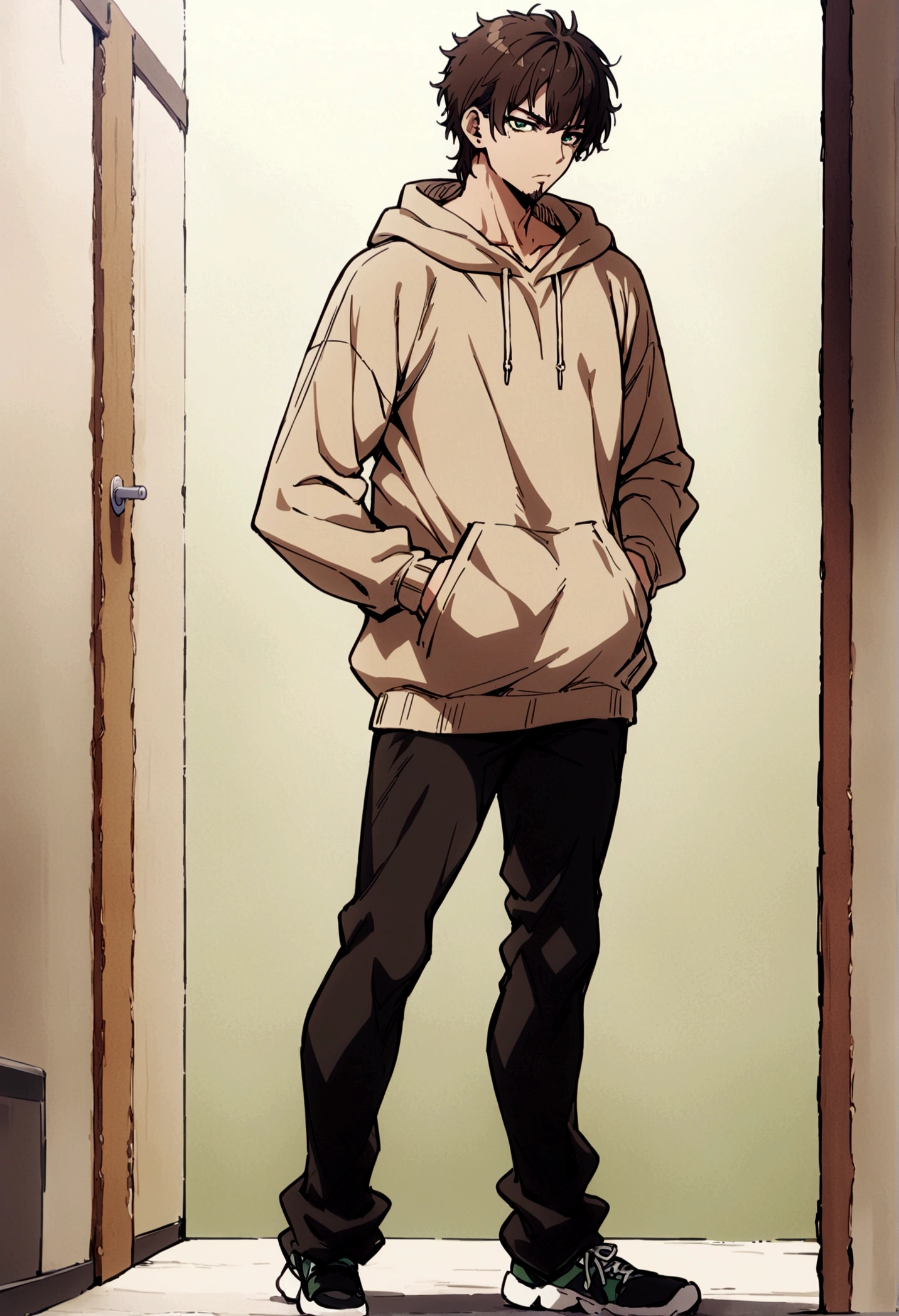 fullbody,masterpiece,standing,light brown hoodie,dark brown short hair,green eyes,(bangs),adult,1boy,solo,light stuble,slight beard,slim,