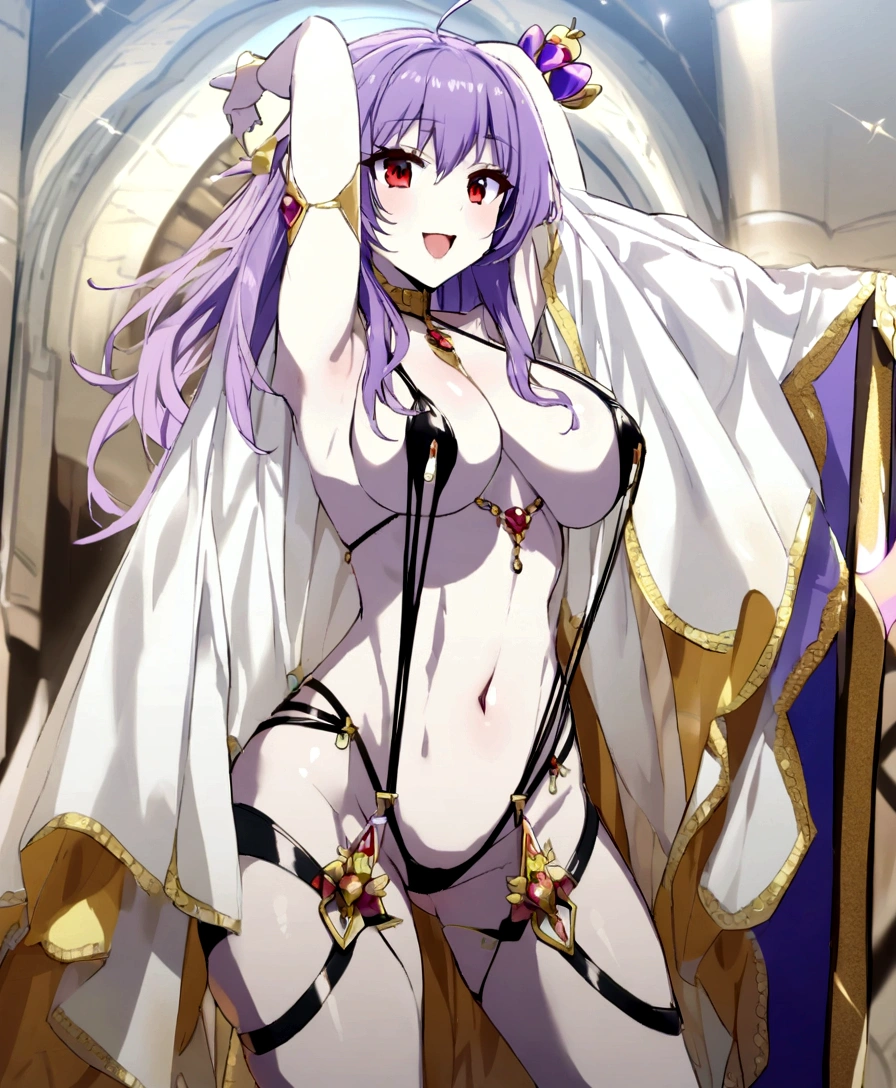 slingshot bikini, mini crown, bare belly, big breasts, purple hair, red eyes, goddess of entertainment
