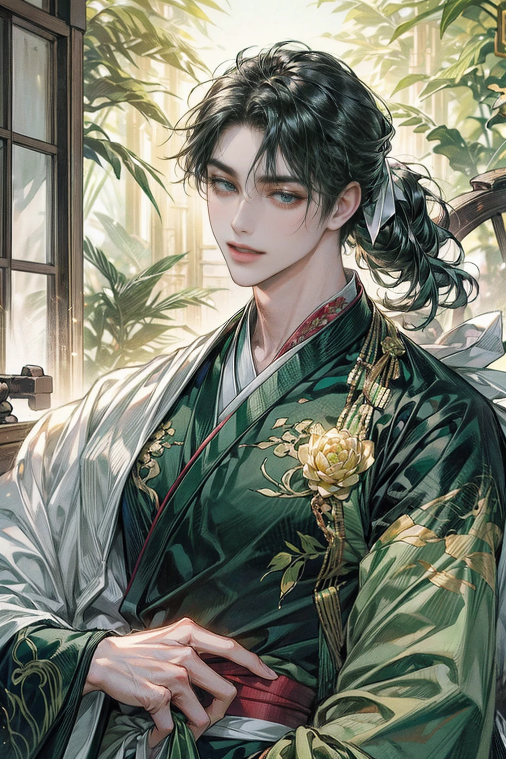 xianxia, (((best quality))),masterpiece,ultra high resolution,extraordinarily beautiful youth, a bright, villains smile,All green clothing,((boy 24 year old, green hanfu,green clothing, Chinese shirt style)) ,boy character ,((Thick black long hair)),beautiful face,detailed interior, detailed boy,((man)),(in bamboo forest), house China style, pure white lotus,beautiful and cute boy ,black eyes,((solo man)),(he has a Big eyes, charming lips, slim nose and small face),(slim figures ),ponytail and 冠, Hiogi fan,Japanese fan ,very long hair, thick hair, black hair ,eyes detailed,pony tails,