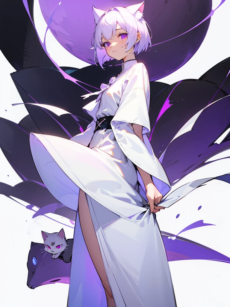 White tunic, purple eyes, blank expression, earth, white short hair, cat