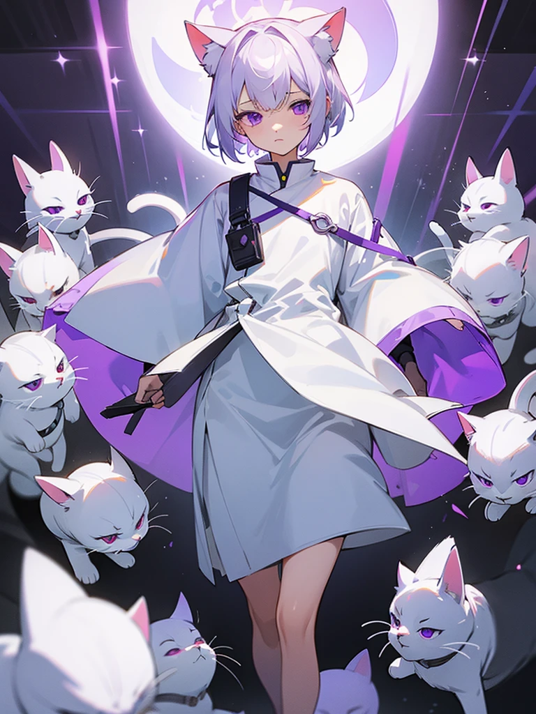 White tunic, purple eyes, blank expression, earth, white short hair, cat