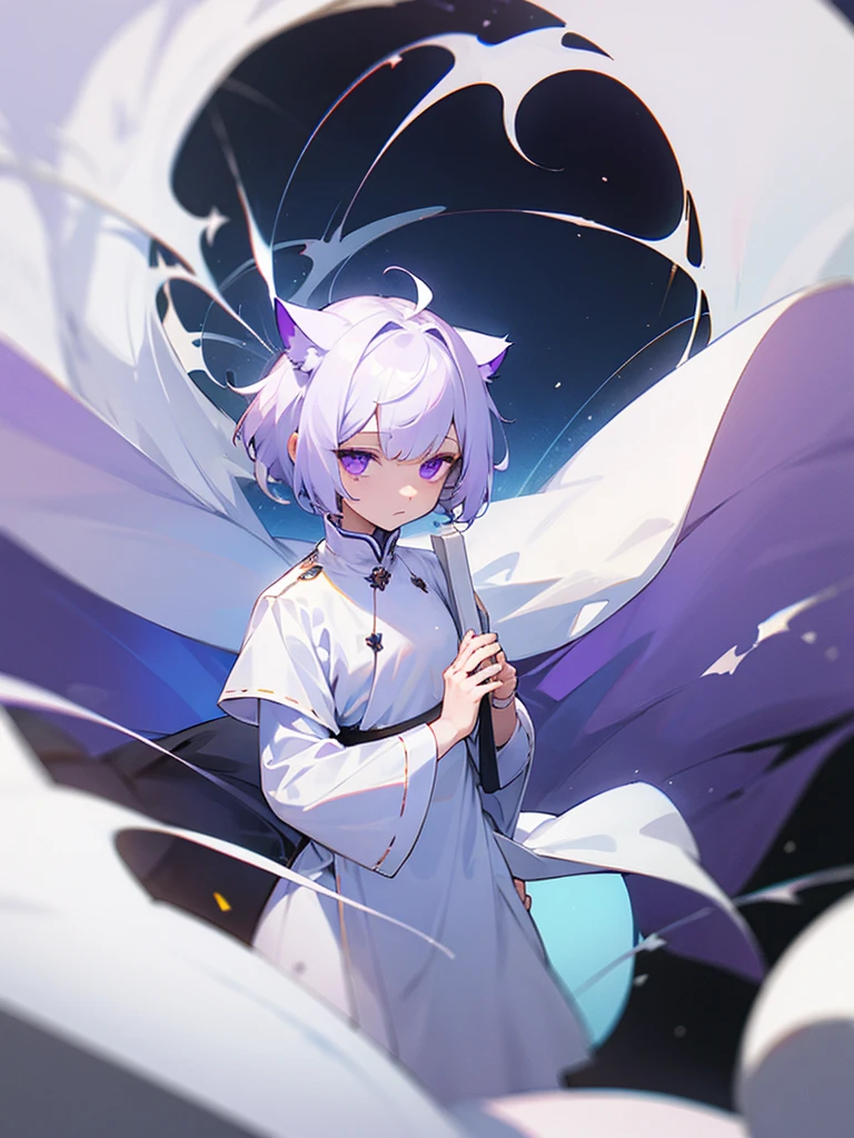 White tunic, purple eyes, blank expression, earth, white short hair, cat