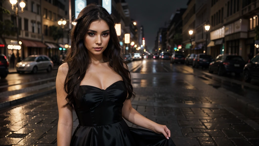 ultra-realistic, ultra-detailed photography taken on Canon, A full-length photo-realistic photograph of the elegant 25-year-old Colombian model, adorned with flowing dark hair and wearing a sophisticated evening dress that highlights her natural grace. The image captures her amid the bustling lights of the city on a rainy evening, pairing dramatic makeup with a serene expression to evoke a sense of urban mysticism and timeless beauty.
