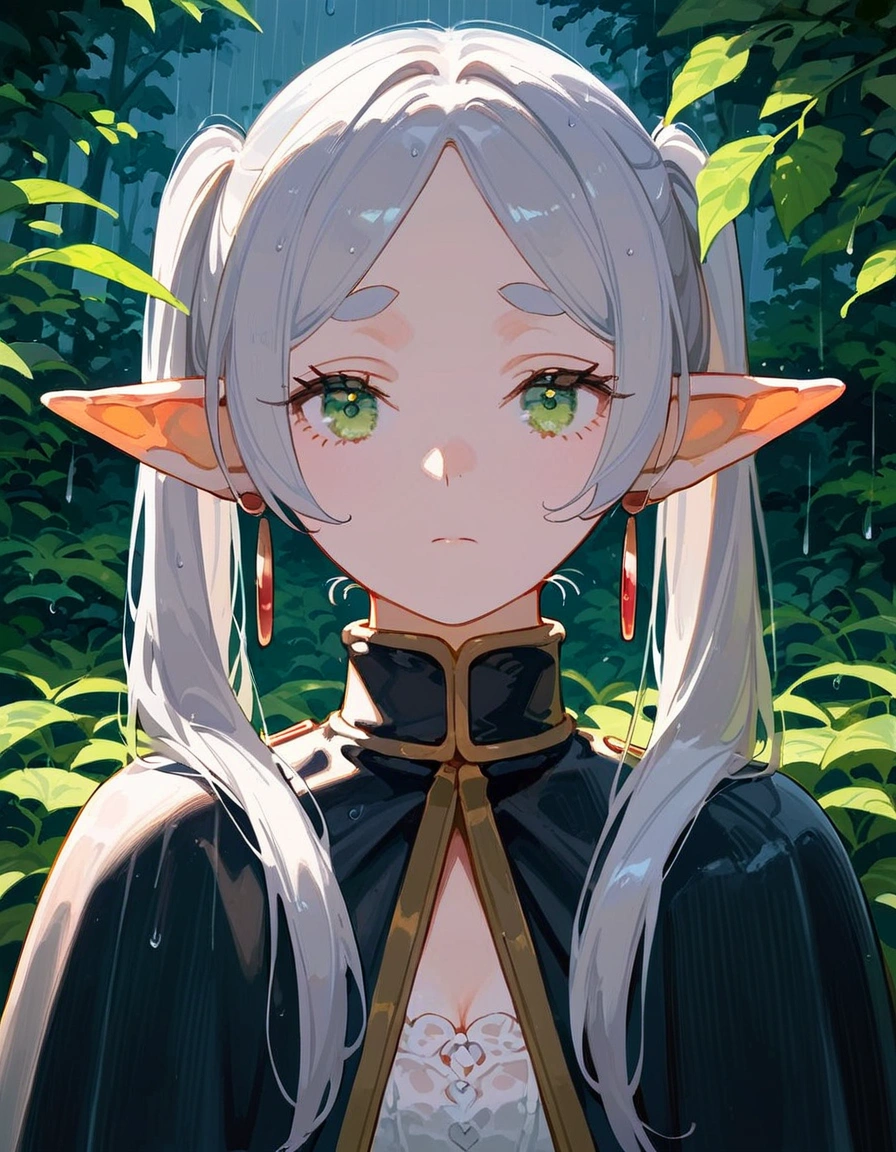 anime artwork, score_9, score_8_up, score_7_up, score_6_up, score_5_up, score_4_up,frieren, 1girl, green eyes, grey hair, twintails, pointy ears, eyebrows, earrings \\\\\\ floox style \\\\\ ,capelet, panorama, greenery, upper body, forest, sad, rain,