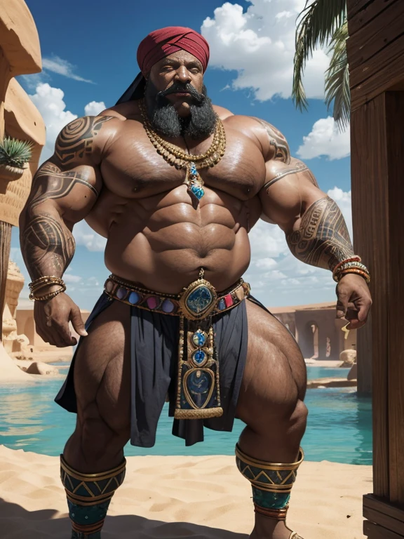 Hyperrealistic image of a full body Superhero Caliph with many jewels and bracelets with a bare torso very sweaty extremely over 80 years old very muscular and fat over 200 kg African American with a bare torso large flabby pecs with a huge turban decorated with huge jewels brown nipples very long gray hair and big gray mustaches with huge tattooed arms in an oasis in the Sahara desert inside a lagoon