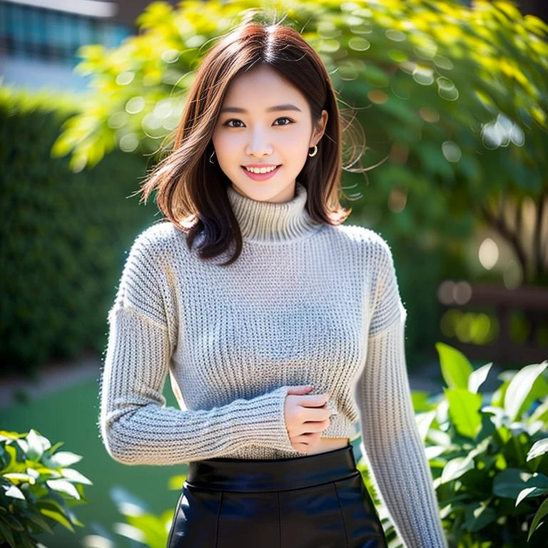 (A beautiful Chinese actress lady, Age 28, wearing casual knitted thin slim turtleneck & pencil skirt, walking in nature, friendly and feminine expressions, kind smile, dimpled chins, cute snaggle-tooth, short bob hair ponytail, symmetrical face, realistic detailed face, beautiful detailed eyes, perfect body proportions, ample round bosoms, photorealistic, hyper-realism, high contrast, ultra HD, realistic skin textures, top image quality, top-quality, super high resolution, fine details, very meticulously, masterpiece, head to knees, serene ambience, The_Cowboy_Shot, bokeh background) #Go to windy places #Liu Yifei #TeamPositivity