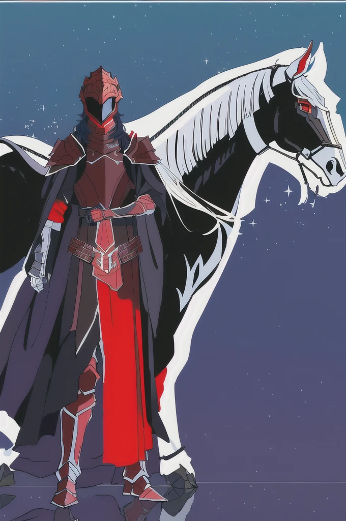 there is a drawing of a man standing next to a horse, draconic looking armor, black fire color reflected armor, black and reddish color armor, flowing robes and leather armor, silver armor and red clothing, face hidden by helmet armor, big boob