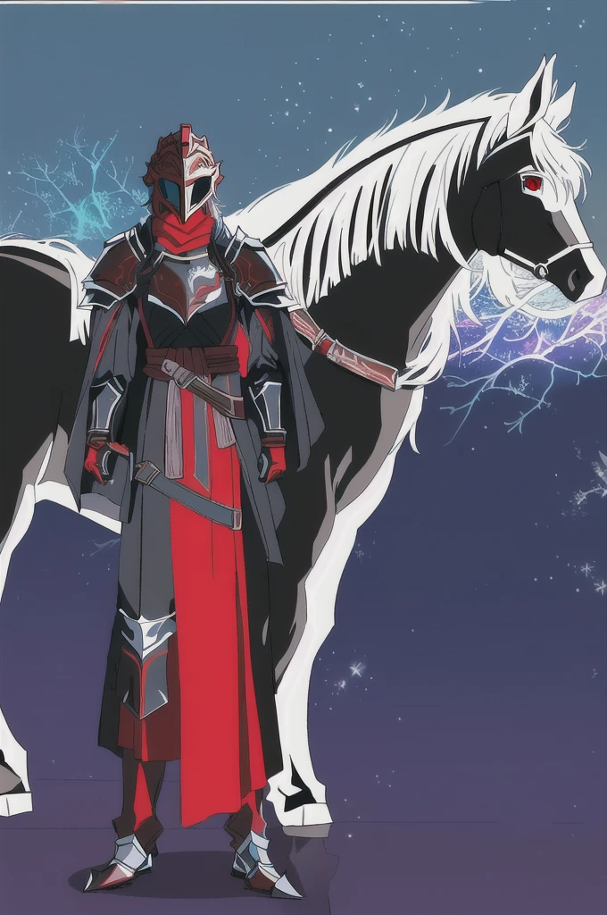 there is a drawing of a man standing next to a horse, draconic looking armor, black fire color reflected armor, black and reddish color armor, flowing robes and leather armor, silver armor and red clothing, face hidden by helmet armor, big boob