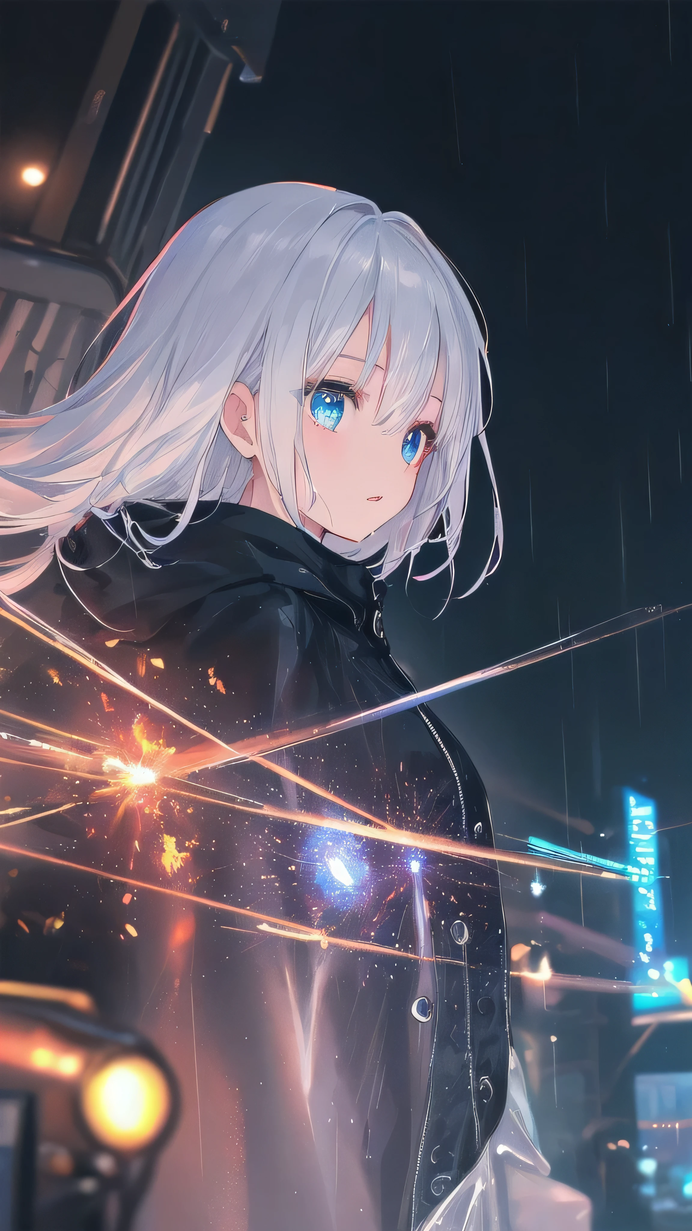 (masterpiece:1.21), (highest quality:1.331), ((Super detailed)), ((very best illustration)), ((wonderful)), (hyper quality), gorgeous and rich graphics,
(very delicate and beautiful:1.21), 8K, wallpaper, (very beautiful lighting), hard light, delicate composition, (perfect composition), (very beautiful and detailed background:1.21), Rembrandt's representation of light and shadow, dark tone, (Low-key, high-dispersion color scale), ((Depth of the bounds written)), deep shadow,
dynamic angle, From the side, Upper body, radial blur,
rain, (city lights, blurred background),
(1 girl),(detailed and beautiful eyes), clear blue eyes, long silver french braid hair,
fatigue,
transparent raincoat, Wet clothes and wet skin and dripping wet hair,
Lens flare, string lights, street,, masterpiece, highest quality,