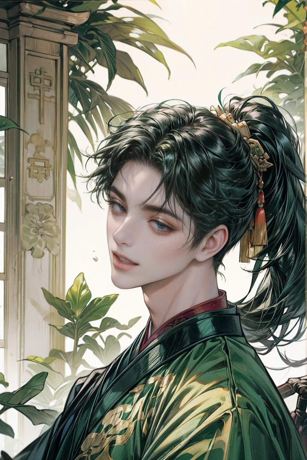 xianxia, (((best quality))),masterpiece,ultra high resolution,extraordinarily beautiful youth, a bright, villains smile,All green clothing,((boy 24 year old, green hanfu,green clothing, Chinese shirt style)) ,boy character ,((Thick black long hair)),beautiful face,detailed interior, detailed boy,((man)),(in bamboo forest), house China style, pure white lotus,beautiful and cute boy ,black eyes,((solo man)),(he has a Big eyes, charming lips, slim nose and small face),(slim figures ),ponytail and 冠, Hiogi fan,Japanese fan ,very long hair, thick hair, black hair ,eyes detailed,pony tails,solo man