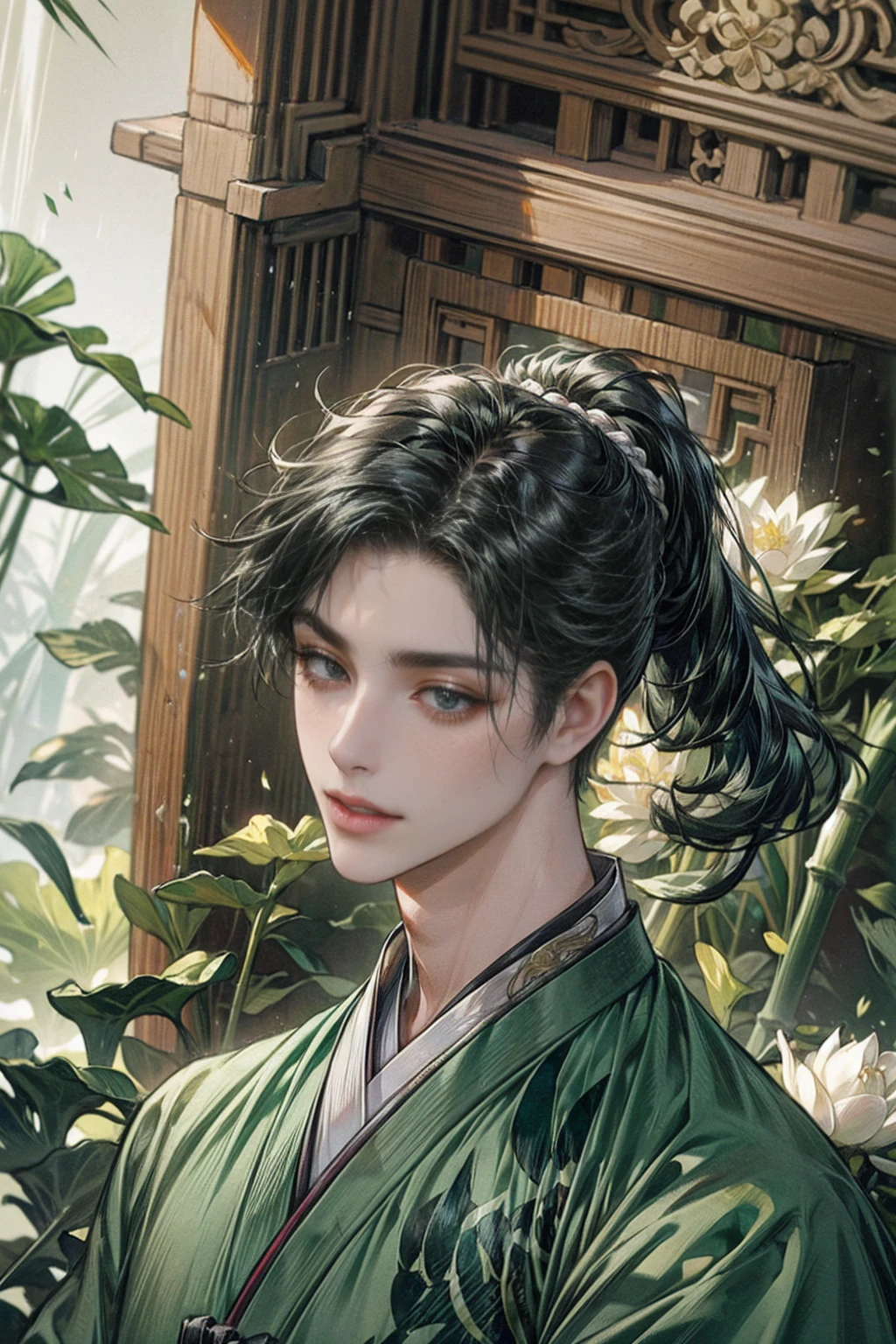 xianxia, (((best quality))),masterpiece,ultra high resolution,extraordinarily beautiful youth, a bright, villains smile,All green clothing,((boy 24 year old, green hanfu,green clothing, Chinese shirt style)) ,boy character ,((Thick black long hair)),beautiful face,detailed interior, detailed boy,((man)),(in bamboo forest), house China style, pure white lotus,beautiful and cute boy ,black eyes,((solo man)),(he has a Big eyes, charming lips, slim nose and small face),(slim figures ),ponytail and 冠, Hiogi fan,Japanese fan ,very long hair, thick hair, black hair ,eyes detailed,pony tails,solo man