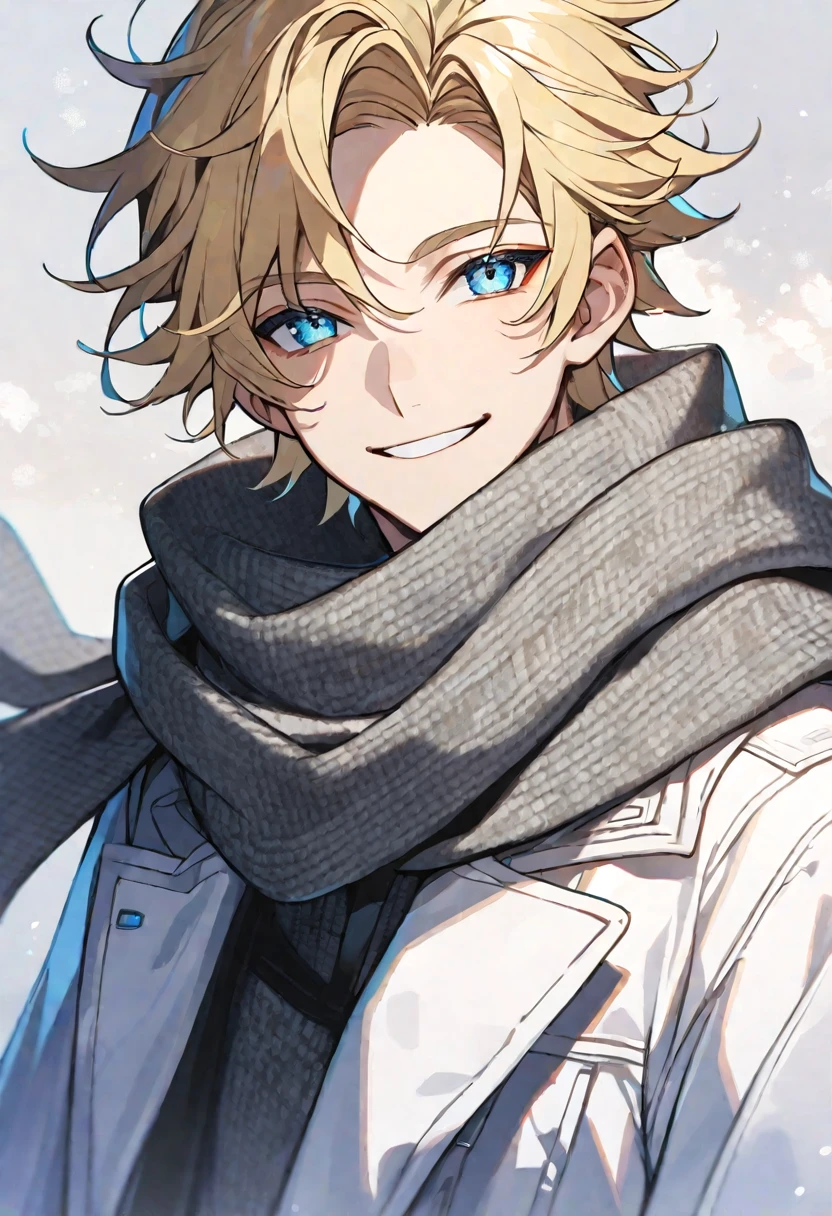 Solo, male, blonde hair, blue eyes, white fur coat, gray scarf, smile facial