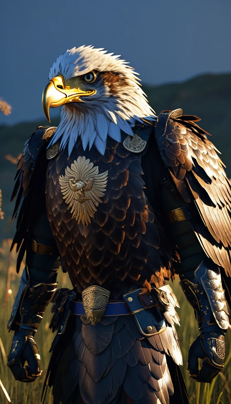 masterpiece, (Super detailed), (Animal anthropomorphism), eagle, good looking, Japanese Armor,knife、 Dim lighting, cigarette, Shadow, Night grassland battlefield, Highest quality, Single Focus, (skimming: 1.1), Muscular man, whole body, Complex (High detail: 1.1) Unreal Engine.multiple、