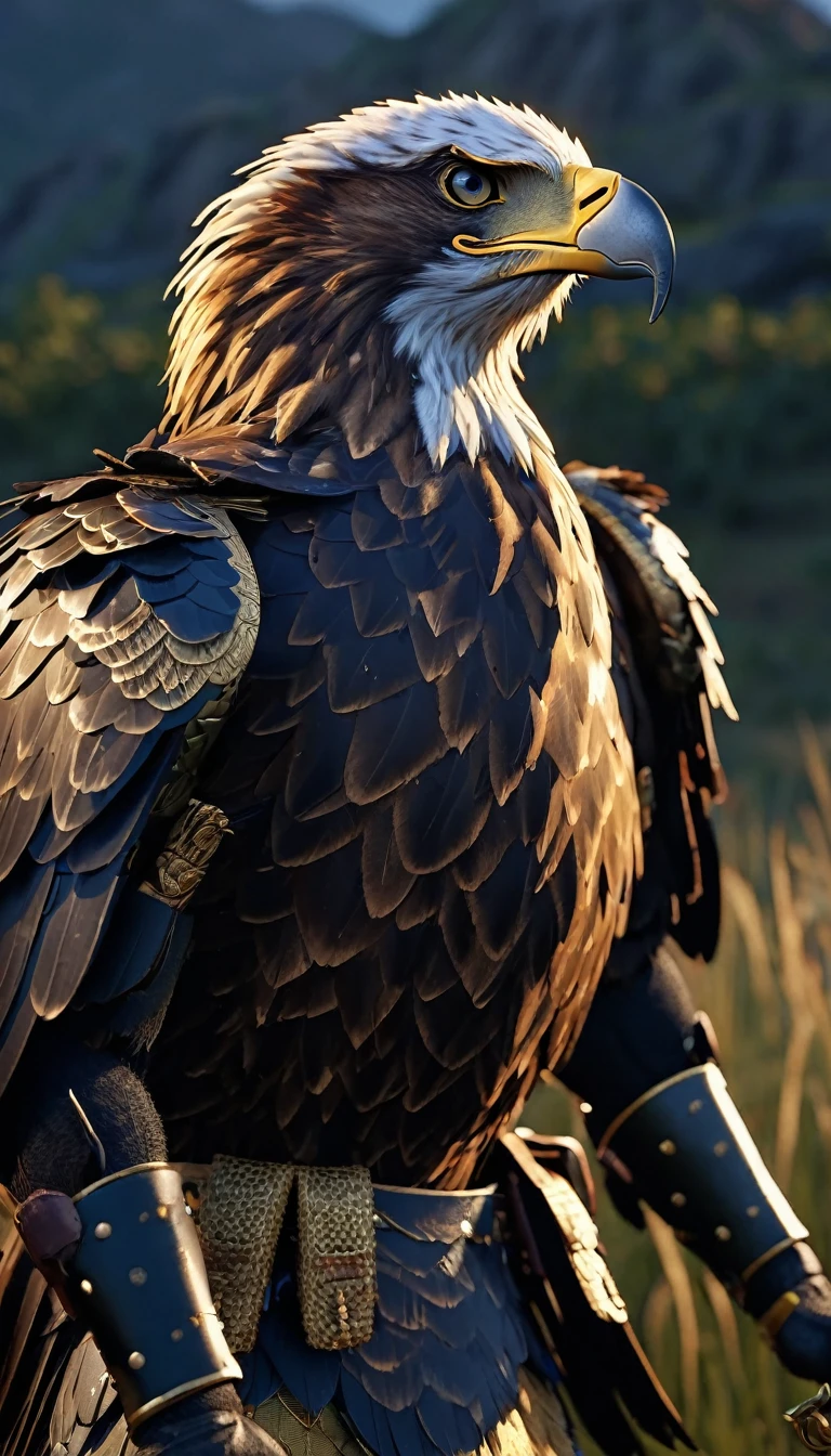 masterpiece, (Super detailed), (Animal anthropomorphism), eagle, good looking, Japanese Armor,knife、 Dim lighting, cigarette, Shadow, Night grassland battlefield, Highest quality, Single Focus, (skimming: 1.1), Muscular man, whole body, Complex (High detail: 1.1) Unreal Engine.multiple、