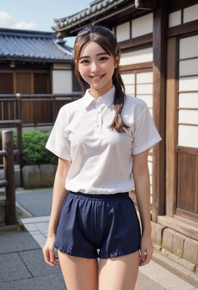 White large plainＴshirt)),((Navy blue bloomers)) 、Medium chest、ponytail, Japanese Girls, 8K, ((Full Body Shot))， Highest quality, masterpiece, Realistic, Photorealistic Super Detail, One Girl, cute, Best Smile, Beautiful Eyes, Long Hair, Perfect Face,Full Body Shot