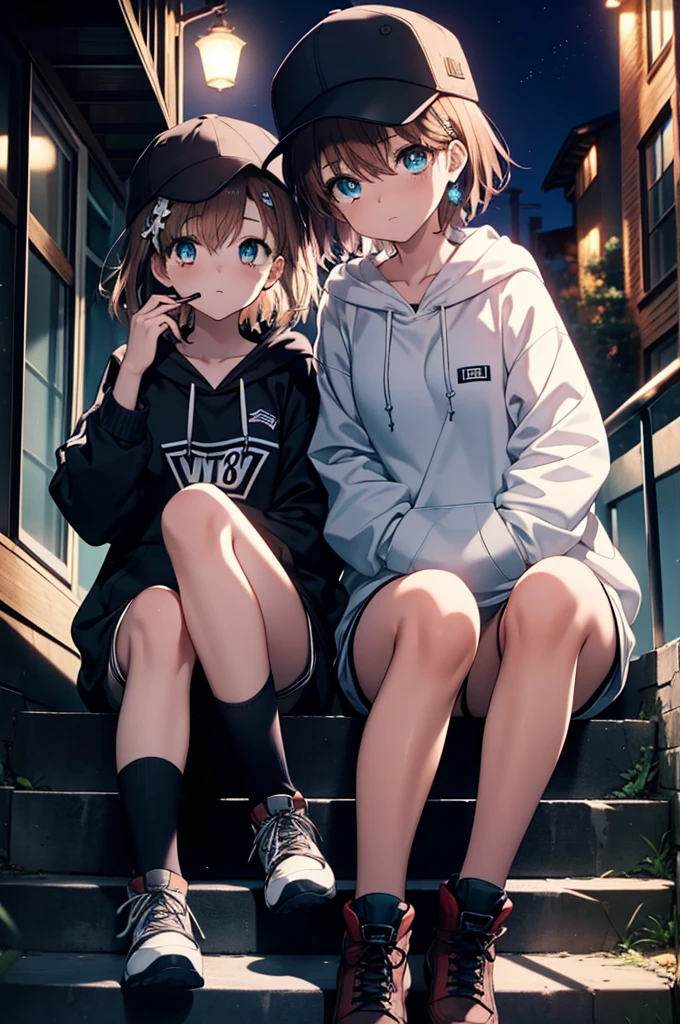 Mycotrose, Brown eyes,Brown Hair,short hair,Small breasts,Oversized black hoodie,Baseball hats,Shorts,boots,Both hands are in the pockets of the hoodie,Blowing bubble gum,Sitting on the stairs,night,moonlight,whole bodyがイラストに入るように, break looking at viewer, whole body, break outdoors, Building district, break (masterpiece:1.2), Highest quality, High resolution, unity 8k wallpaper, (shape:0.8), (Beautiful and beautiful eyes:1.6), Highly detailed face, Perfect lighting, Highly detailed CG, (Perfect hands, Perfect Anatomy),