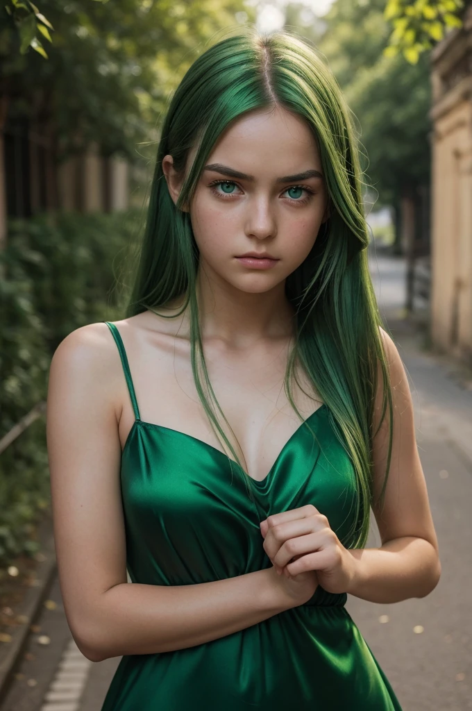 A young girl, Europe, Extremely detailed face, plump face, Oval face, green hair, green eyes, Long hair, two-strap silk dress, collarbones, exposing shoulders, sad mood, battle front, pose facing the viewer