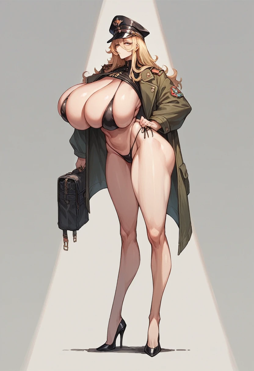 A woman,Long blond hair,Put on a military cap,Wearing a black bikini,Long legs,Nipple protrusion,Twenties,exposed,Black high heels,Huge breasts,超级Huge breasts,Standing