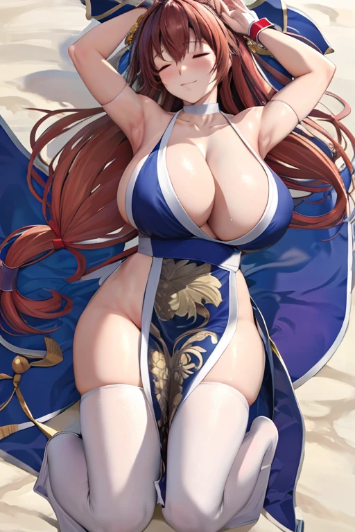 masterpiece, best quality, beautiful art, high resolution, well formed hands, body and fingers, 1 woman, solo, Yae miko, hair ornament, adult, grown up, big breasted, cleavage, full body, braided long hair, blue_japanese_clothes, wearing DOA Kasumi's blue kunoichi dress, sexy and skimpy japanese clothes, kimono peek, sleeveless, white stockings, gorgeous legs and thighs ryona,in peril, she is defeated, knocked out, passed out, closed eyes, exhausted, unconscious, laying down on the sand, extended exposed body, full body on the sand, breathing heavily, sexy smirk on her face, bouncing breasts, sexy defeated pose, defeat and KO scene, fallen beauty, martial arts tournament with beach environment