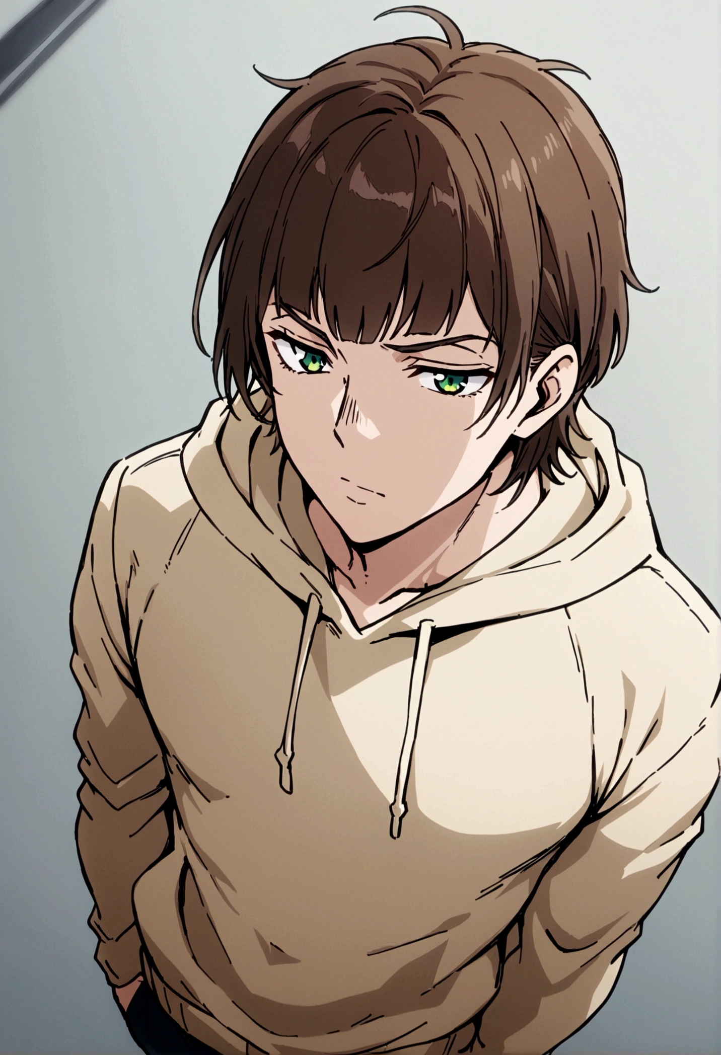 fullbody,masterpiece,standing,light brown hoodie,dark brown short hair,green eyes,(bangs),adult,1boy,solo,light stuble,slight beard,slim,