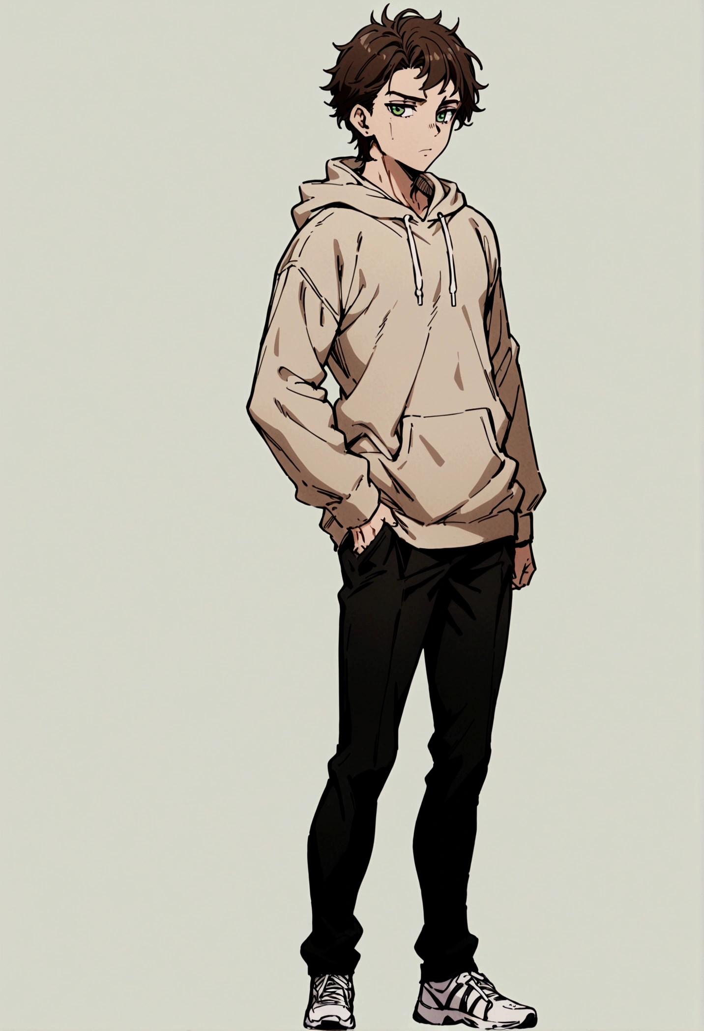 fullbody,masterpiece,standing,light brown hoodie,dark brown short hair,green eyes,(bangs),adult,1boy,solo,light stuble,slight beard,slim,