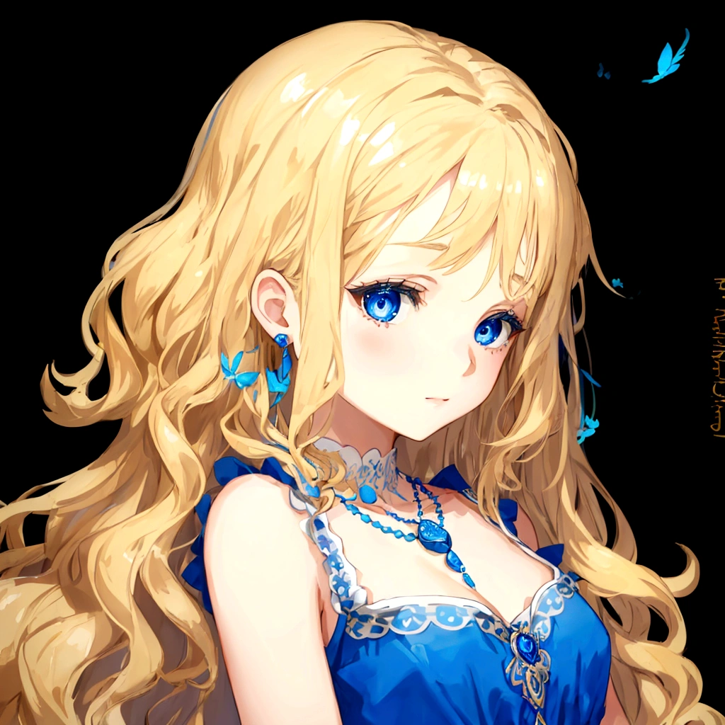 A young girl that has long, wavy blonde hair and blue eyes. She is wearing a blue dress with intricate details and a matching blue necklace. She has a gentle and composed expression on her face.