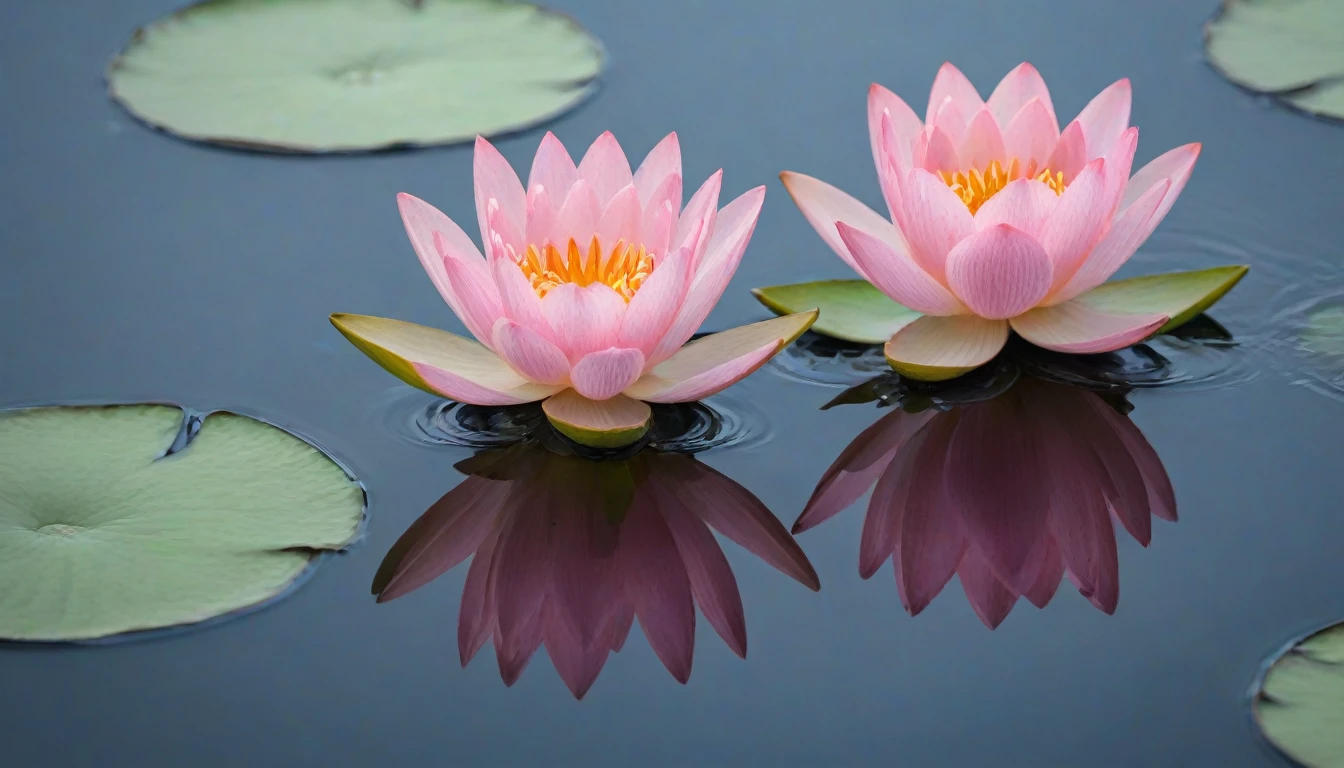 there are two pink flowers that are sitting in the water, a macro photograph by Matija Jama, shutterstock, minimalism, lotus flowers, lotus flowers on the water, water lilies, reflecting flower, lotus petals, lotuses, lotus flower, pink reflections, soft reflections, nymphaea, lily petals, with lotus flowers, paul barson