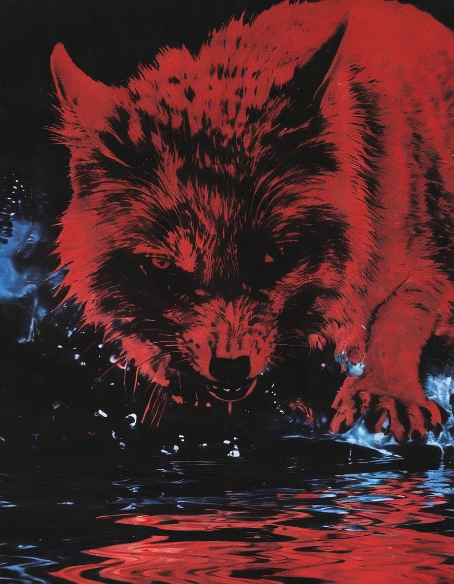 cat in water, red sunset background