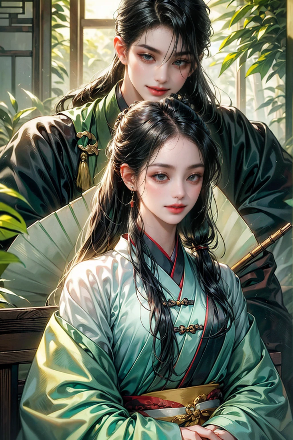 xianxia, (((best quality))),masterpiece,ultra high resolution,extraordinarily beautiful youth, a bright, villains smile,All green clothing,((boy 24 year old, green hanfu,green clothing, Chinese shirt style)) ,boy character ,((Thick black long hair)),beautiful face,detailed interior, detailed boy,((man)),(in bamboo forest), house China style, pure white lotus,beautiful and cute boy ,black eyes,((solo man)),(he has a Big eyes, charming lips, slim nose and small face),(slim figures ),ponytail and 冠, Hiogi fan,Japanese fan ,very long hair, thick hair, black hair ,eyes detailed,pony tails,