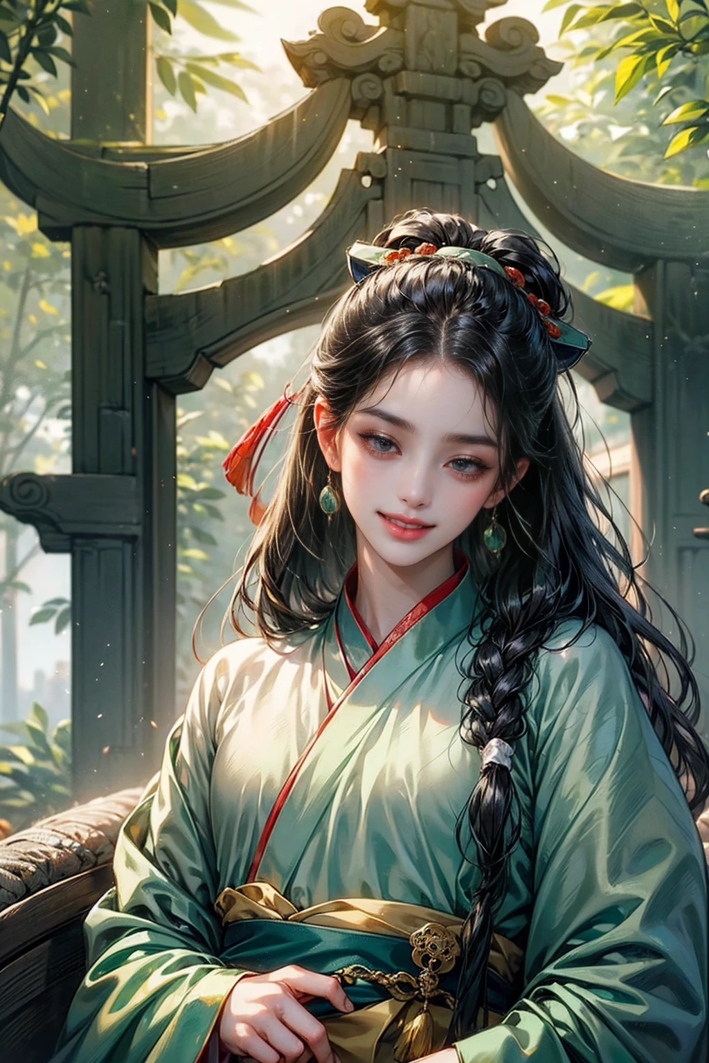 xianxia, (((best quality))),masterpiece,ultra high resolution,extraordinarily beautiful youth, a bright, villains smile,All green clothing,((boy 24 year old, green hanfu,green clothing, Chinese shirt style)) ,boy character ,((Thick black long hair)),beautiful face,detailed interior, detailed boy,((man)),(in bamboo forest), house China style, pure white lotus,beautiful and cute boy ,black eyes,((solo man)),(he has a Big eyes, charming lips, slim nose and small face),(slim figures ),ponytail and 冠, Hiogi fan,Japanese fan ,very long hair, thick hair, black hair ,eyes detailed,pony tails,