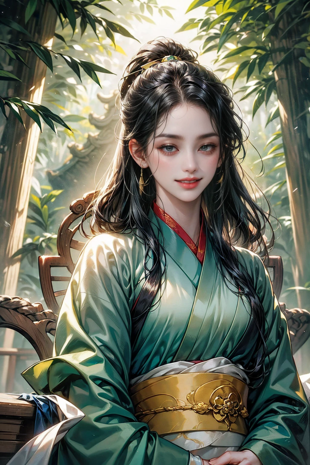 xianxia, (((best quality))),masterpiece,ultra high resolution,extraordinarily beautiful youth, a bright, villains smile,All green clothing,((boy 24 year old, green hanfu,green clothing, Chinese shirt style)) ,boy character ,((Thick black long hair)),beautiful face,detailed interior, detailed boy,((man)),(in bamboo forest), house China style, pure white lotus,beautiful and cute boy ,black eyes,((solo man)),(he has a Big eyes, charming lips, slim nose and small face),(slim figures ),ponytail and 冠, Hiogi fan,Japanese fan ,very long hair, thick hair, black hair ,eyes detailed,pony tails,