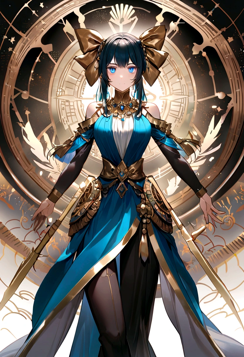 （Huang Li、high quality、Extremely detailed），Constellation-Sagittarius Goddess，Huge bow，The goddess draws the bow and shoots the arrow，Similar to Latin goodness，brave，capricious，Productivity，The face of enterprising and humanitarianism，Yellow hair，Ancient Greek costumes、Wrap Dress，The background is the universe，Crystal blue eyes（Eyes Details），Powerful appearance